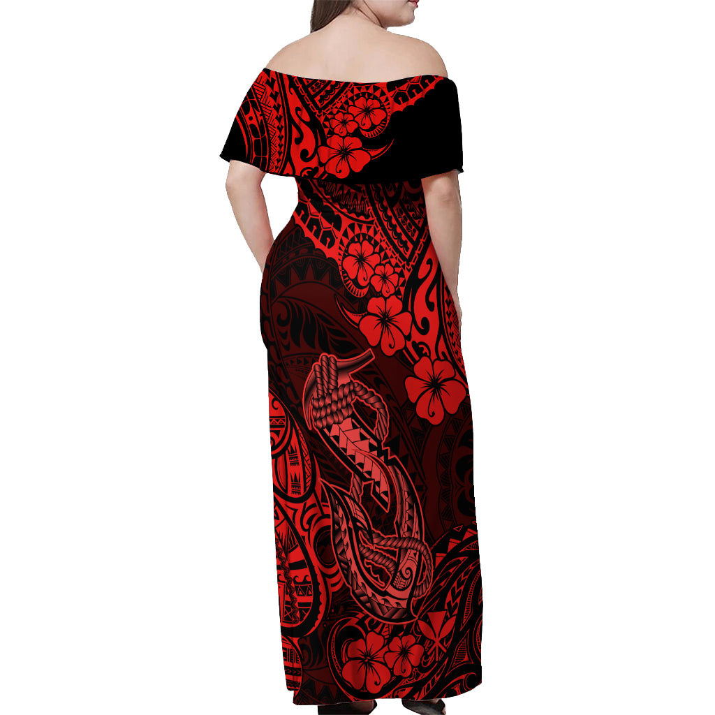 Hawaii Fish Hook Off Shoulder Maxi Dress Hibiscus Hawaii Tribal Tattoo Red Version LT01 - Polynesian Pride