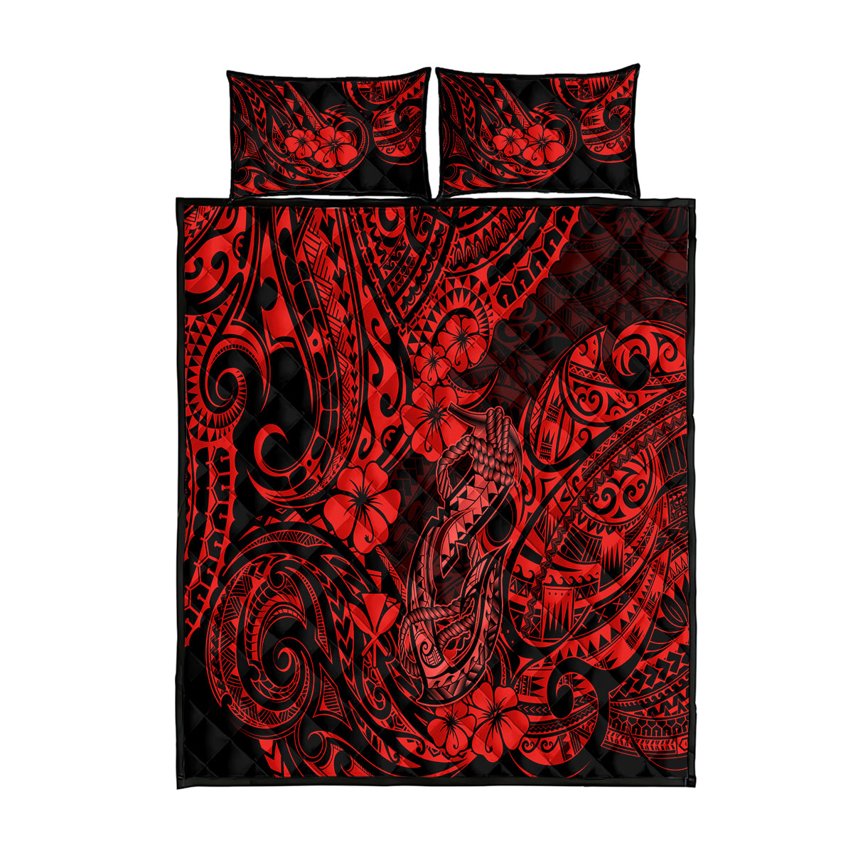 Hawaii Fish Hook Quilt Bed Set Hibiscus Hawaii Tribal Tattoo Red Version LT01 Red - Polynesian Pride