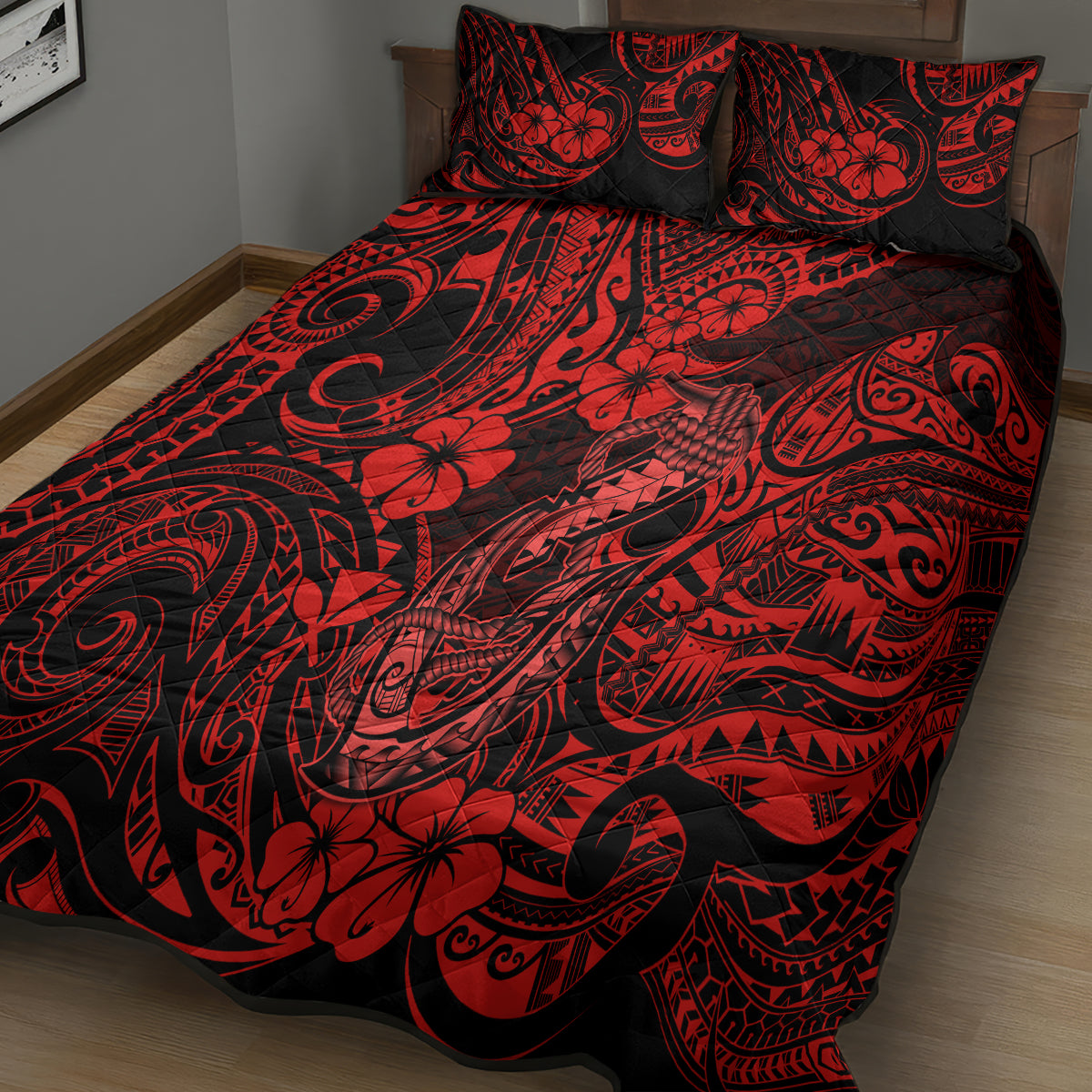 Hawaii Fish Hook Quilt Bed Set Hibiscus Hawaii Tribal Tattoo Red Version LT01 - Polynesian Pride