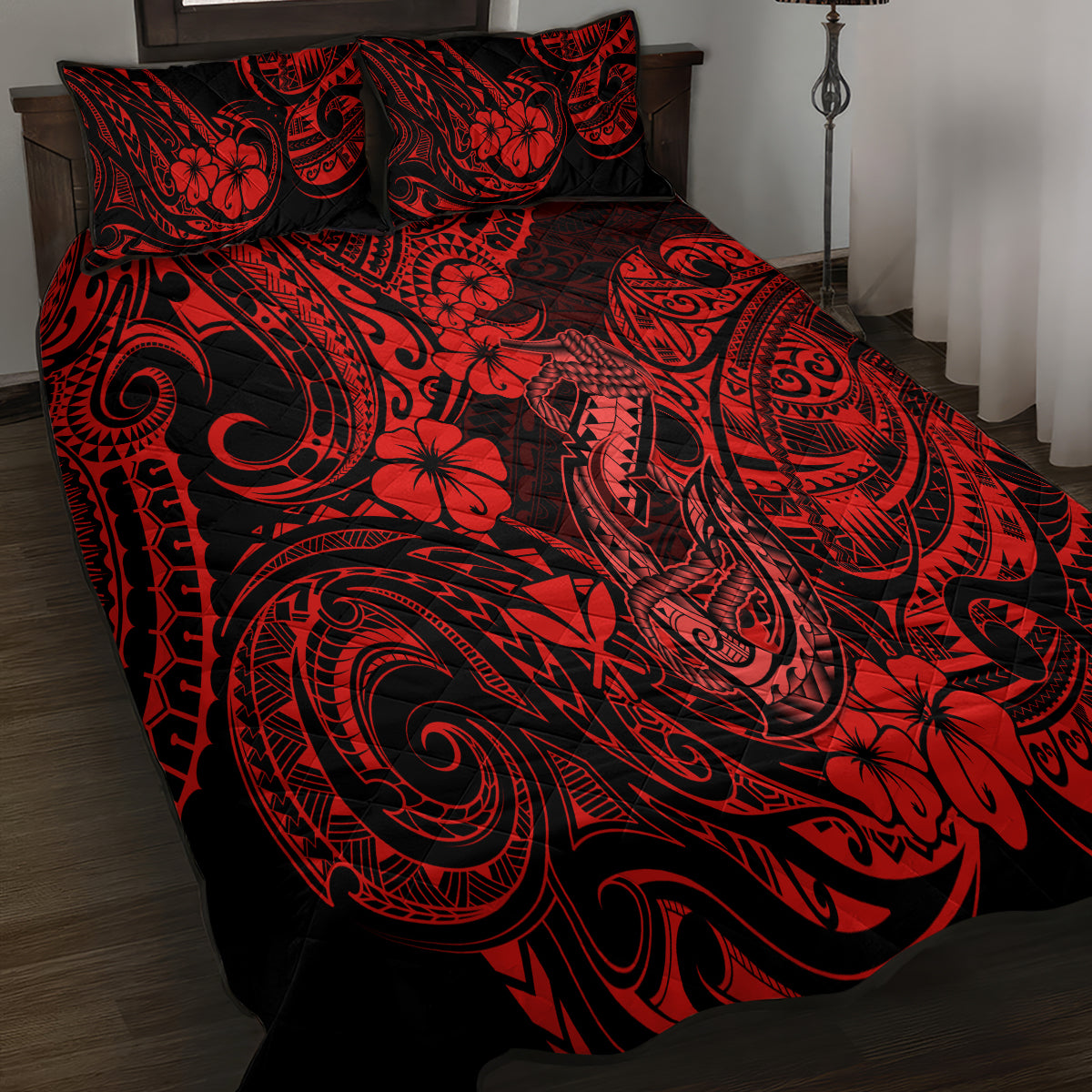Hawaii Fish Hook Quilt Bed Set Hibiscus Hawaii Tribal Tattoo Red Version LT01 - Polynesian Pride