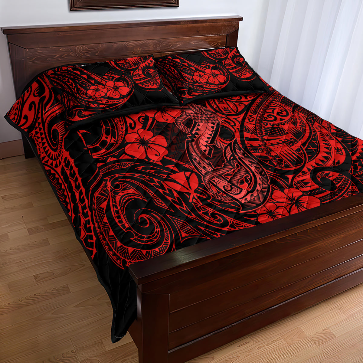 Hawaii Fish Hook Quilt Bed Set Hibiscus Hawaii Tribal Tattoo Red Version LT01 - Polynesian Pride