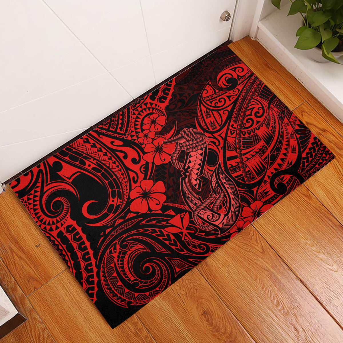 Hawaii Fish Hook Rubber Doormat Hibiscus Hawaii Tribal Tattoo Red Version LT01 Red - Polynesian Pride