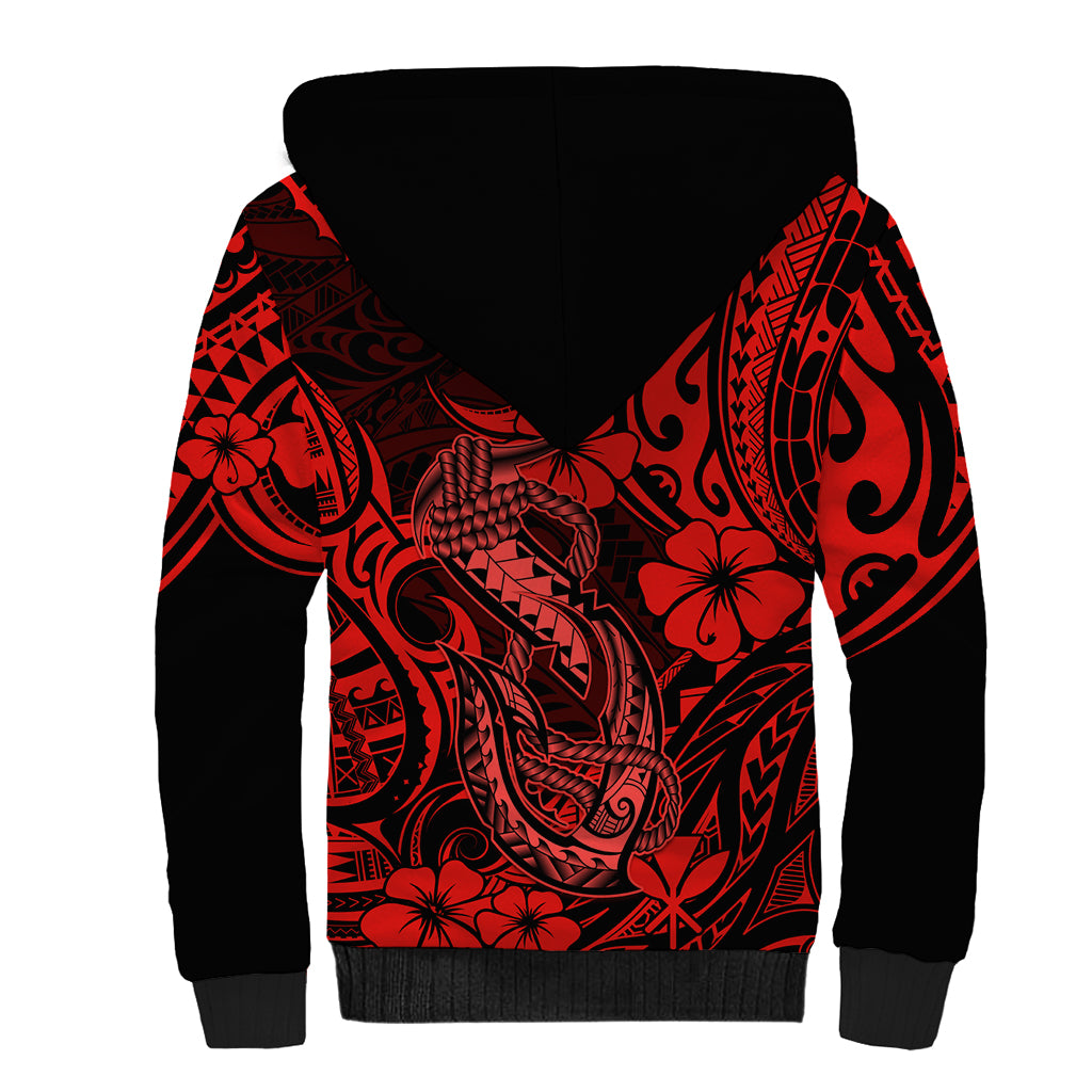 Hawaii Fish Hook Sherpa Hoodie Hibiscus Hawaii Tribal Tattoo Red Version LT01 - Polynesian Pride