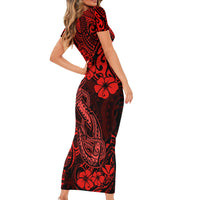 Hawaii Fish Hook Short Sleeve Bodycon Dress Hibiscus Hawaii Tribal Tattoo Red Version LT01 - Polynesian Pride