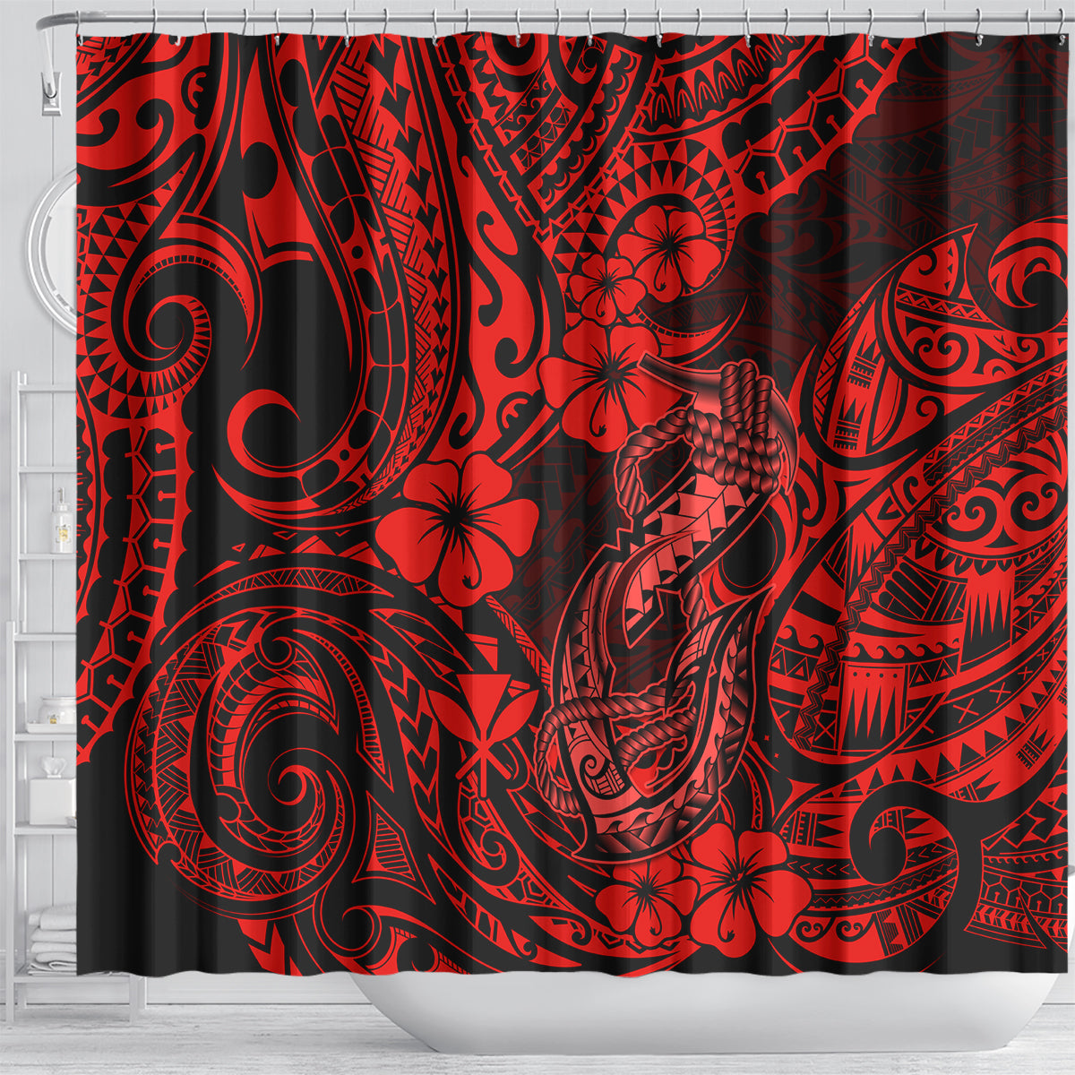 Hawaii Fish Hook Shower Curtain Hibiscus Hawaii Tribal Tattoo Red Version LT01 - Polynesian Pride