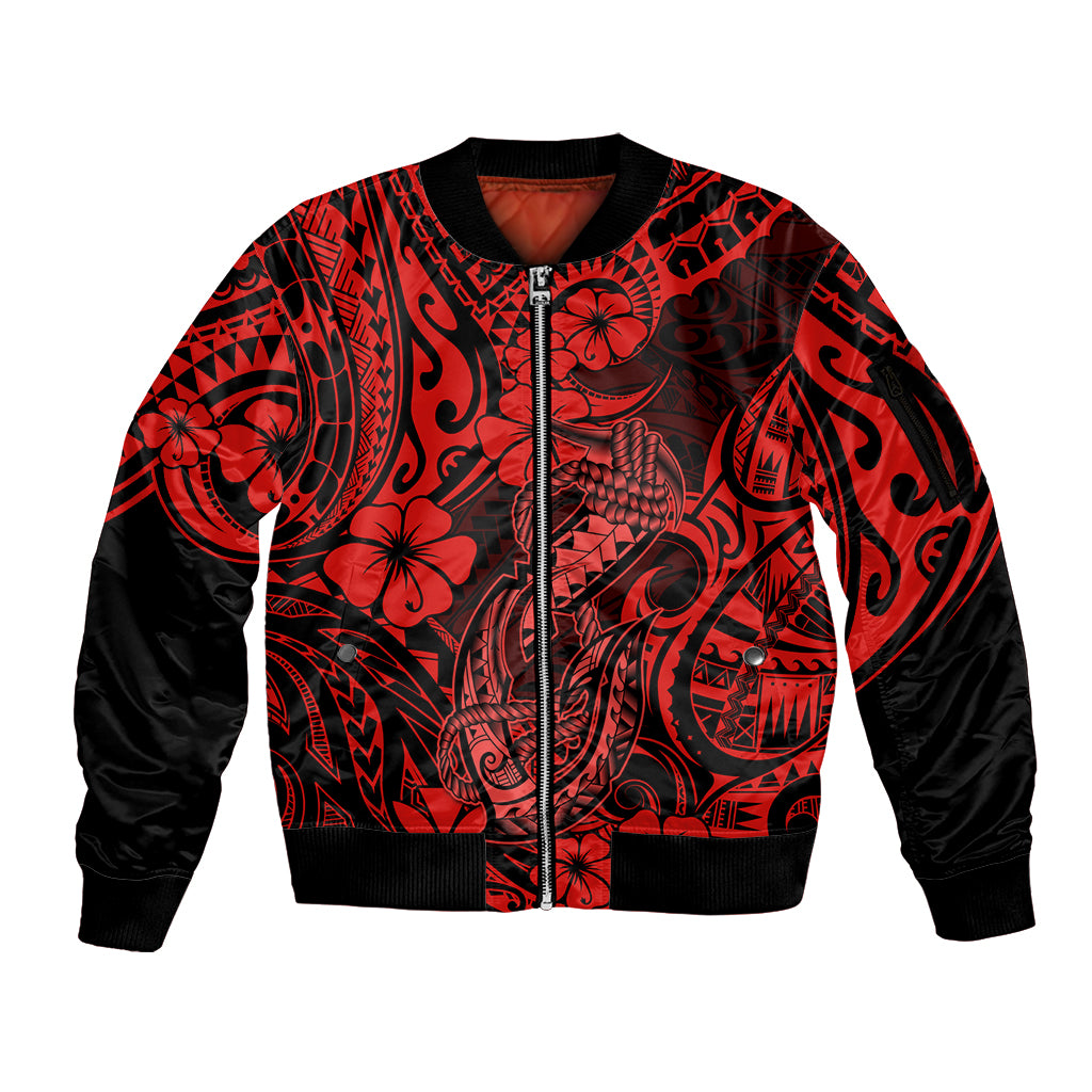 Hawaii Fish Hook Sleeve Zip Bomber Jacket Hibiscus Hawaii Tribal Tattoo Red Version LT01 Unisex Red - Polynesian Pride