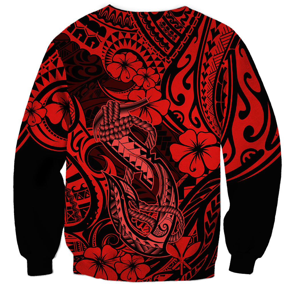 Hawaii Fish Hook Sweatshirt Hibiscus Hawaii Tribal Tattoo Red Version LT01 - Polynesian Pride