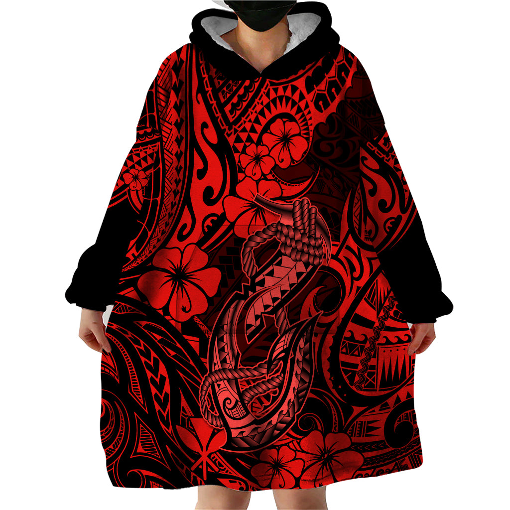 Hawaii Fish Hook Wearable Blanket Hoodie Hibiscus Hawaii Tribal Tattoo Red Version LT01 - Polynesian Pride