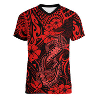 Hawaii Fish Hook Women V Neck T Shirt Hibiscus Hawaii Tribal Tattoo Red Version LT01 Female Red - Polynesian Pride