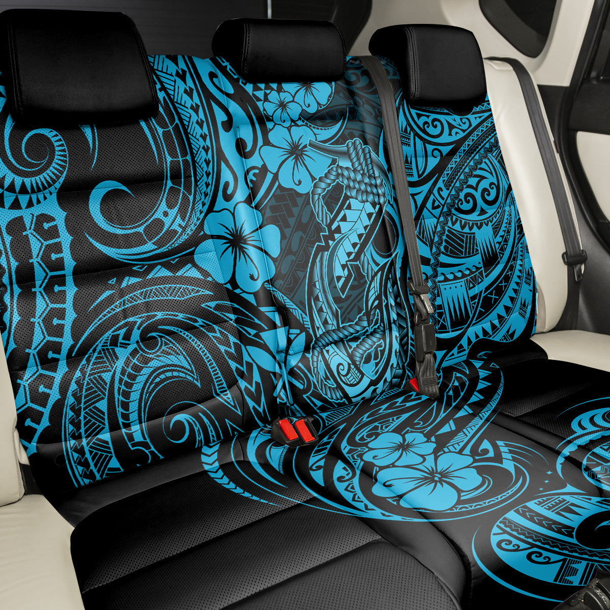 Hawaii Fish Hook Back Car Seat Cover Hibiscus Hawaii Tribal Tattoo Sky Blue Version