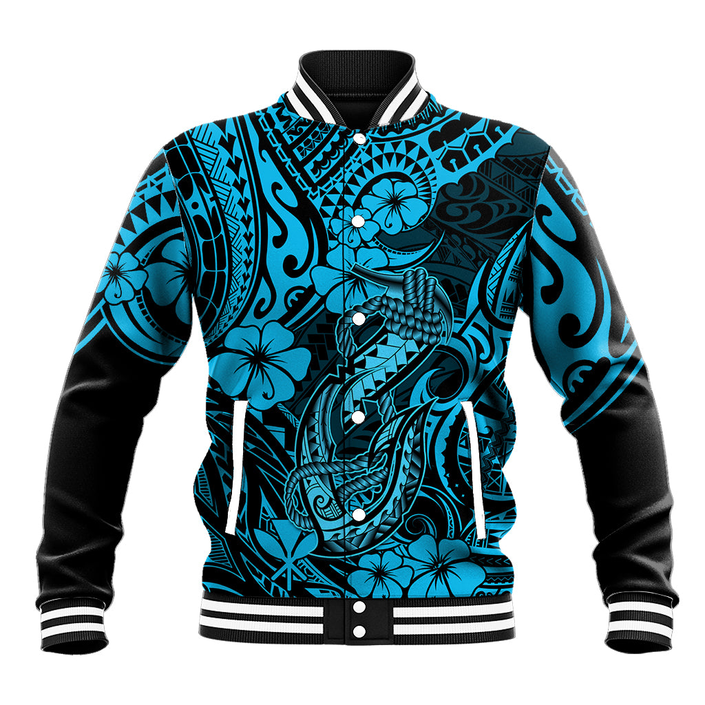 Hawaii Fish Hook Baseball Jacket Hibiscus Hawaii Tribal Tattoo Sky Blue Version LT01 Unisex Blue - Polynesian Pride