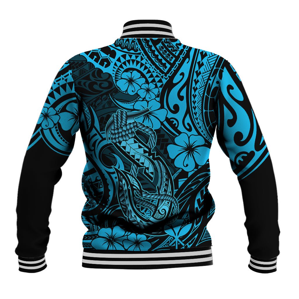 Hawaii Fish Hook Baseball Jacket Hibiscus Hawaii Tribal Tattoo Sky Blue Version LT01 - Polynesian Pride
