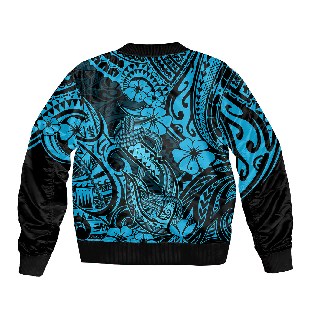 Hawaii Fish Hook Bomber Jacket Hibiscus Hawaii Tribal Tattoo Sky Blue Version LT01 - Polynesian Pride