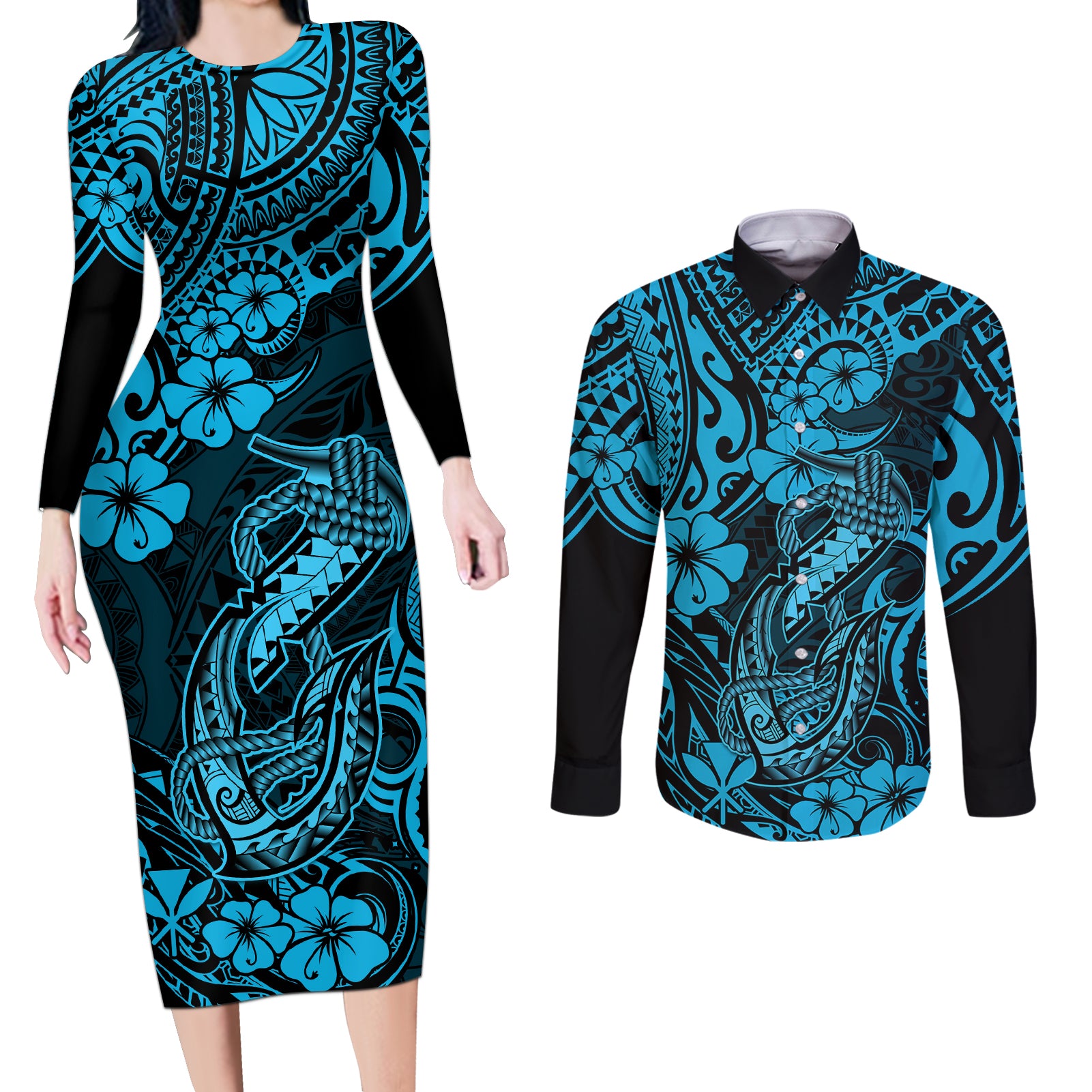 Hawaii Fish Hook Couples Matching Long Sleeve Bodycon Dress and Long Sleeve Button Shirts Hibiscus Hawaii Tribal Tattoo Sky Blue Version LT01 Blue - Polynesian Pride