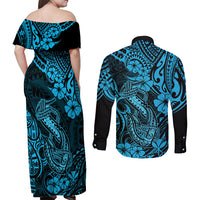 Hawaii Fish Hook Couples Matching Off Shoulder Maxi Dress and Long Sleeve Button Shirts Hibiscus Hawaii Tribal Tattoo Sky Blue Version LT01 - Polynesian Pride