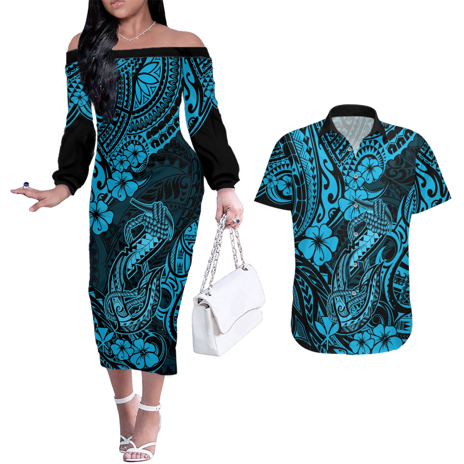 Hawaii Fish Hook Couples Matching Off The Shoulder Long Sleeve Dress and Hawaiian Shirt Hibiscus Hawaii Tribal Tattoo Sky Blue Version LT01 Blue - Polynesian Pride