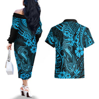 Hawaii Fish Hook Couples Matching Off The Shoulder Long Sleeve Dress and Hawaiian Shirt Hibiscus Hawaii Tribal Tattoo Sky Blue Version LT01 - Polynesian Pride