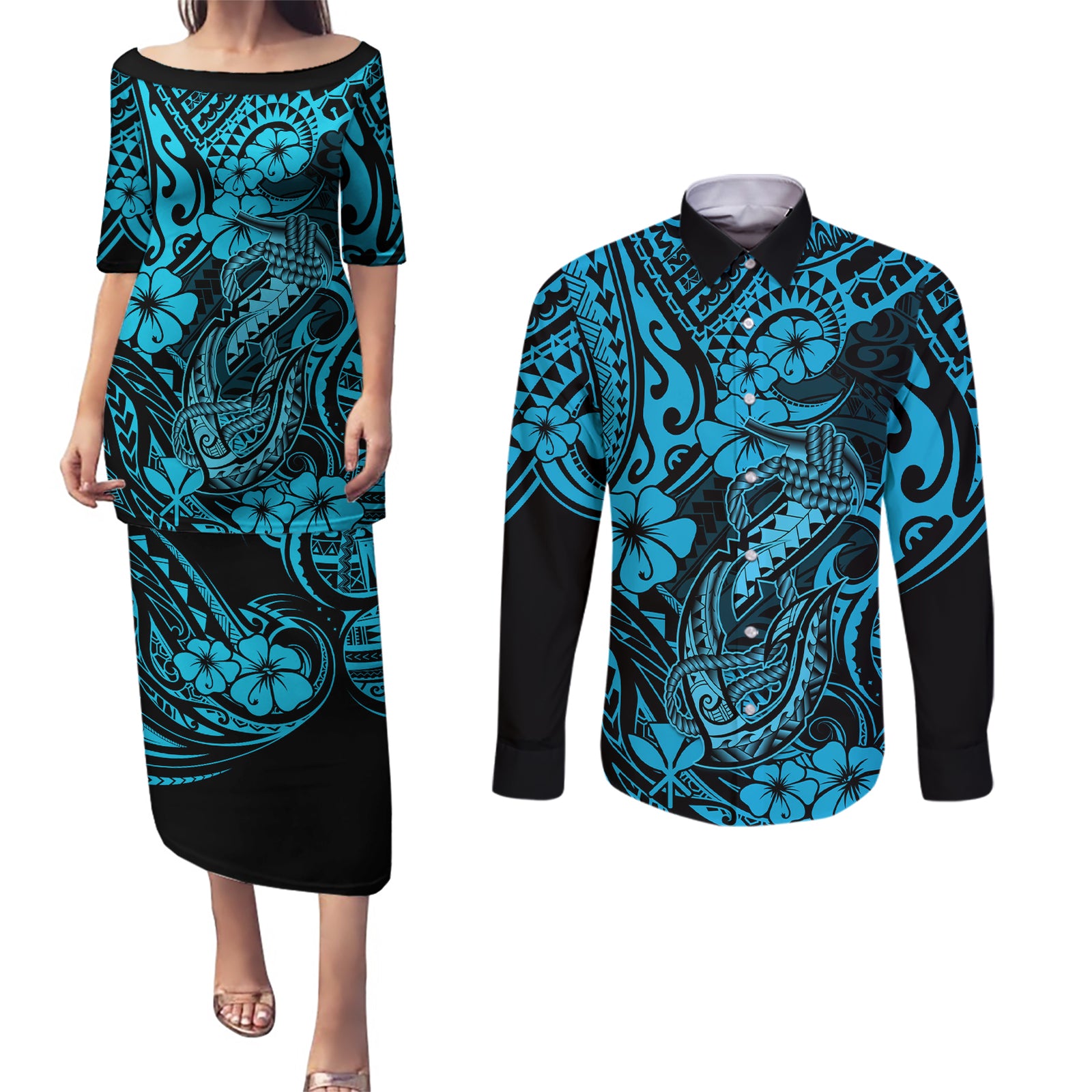 Hawaii Fish Hook Couples Matching Puletasi Dress and Long Sleeve Button Shirts Hibiscus Hawaii Tribal Tattoo Sky Blue Version LT01 Blue - Polynesian Pride