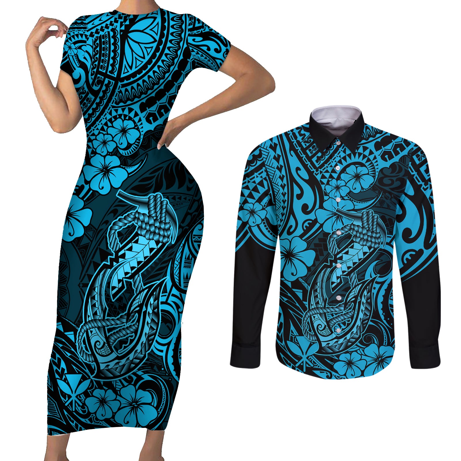 Hawaii Fish Hook Couples Matching Short Sleeve Bodycon Dress and Long Sleeve Button Shirts Hibiscus Hawaii Tribal Tattoo Sky Blue Version LT01 Blue - Polynesian Pride