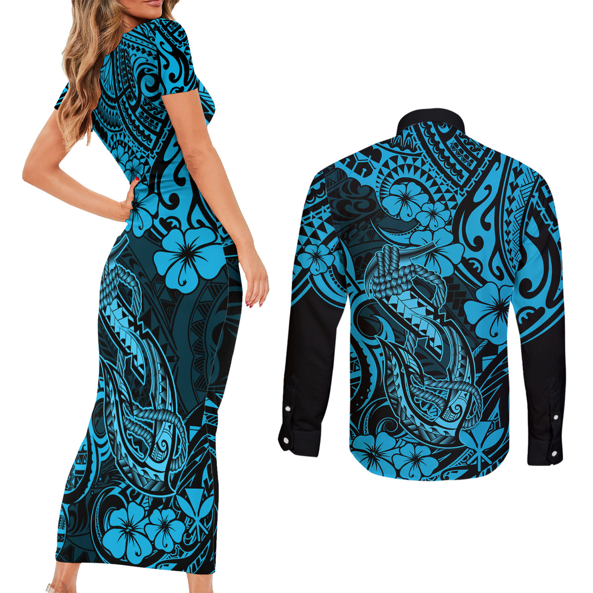 Hawaii Fish Hook Couples Matching Short Sleeve Bodycon Dress and Long Sleeve Button Shirts Hibiscus Hawaii Tribal Tattoo Sky Blue Version LT01 - Polynesian Pride
