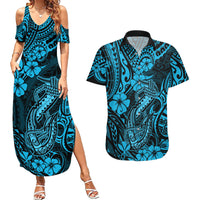 Hawaii Fish Hook Couples Matching Summer Maxi Dress and Hawaiian Shirt Hibiscus Hawaii Tribal Tattoo Sky Blue Version LT01 Blue - Polynesian Pride