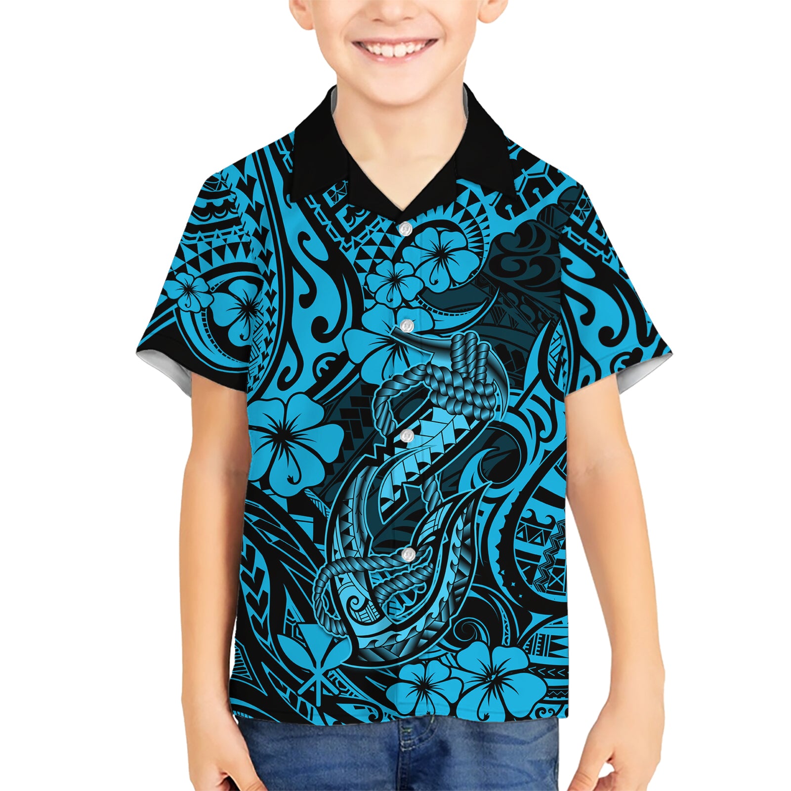 Hawaii Fish Hook Kid Hawaiian Shirt Hibiscus Hawaii Tribal Tattoo Sky Blue Version LT01 Kid Blue - Polynesian Pride