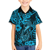 Hawaii Fish Hook Kid Hawaiian Shirt Hibiscus Hawaii Tribal Tattoo Sky Blue Version LT01 Kid Blue - Polynesian Pride