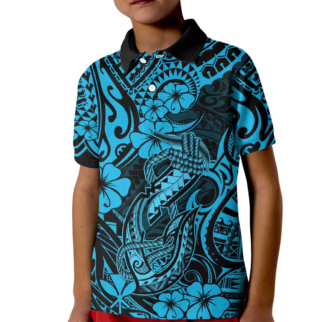 Hawaii Fish Hook Kid Polo Shirt Hibiscus Hawaii Tribal Tattoo Sky Blue Version LT01 Kid Blue - Polynesian Pride