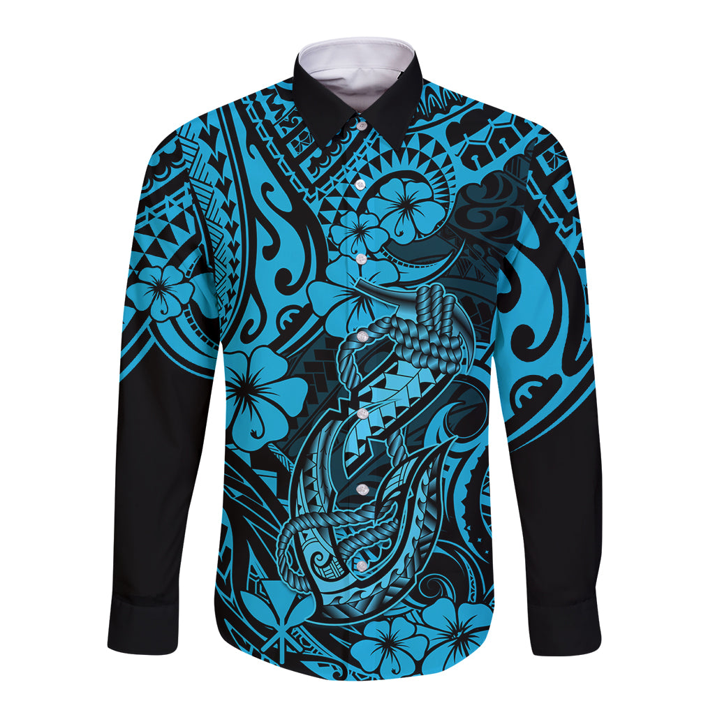 Hawaii Fish Hook Long Sleeve Button Shirt Hibiscus Hawaii Tribal Tattoo Sky Blue Version LT01 Unisex Blue - Polynesian Pride