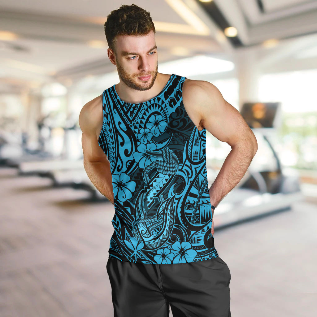 Hawaii Fish Hook Men Tank Top Hibiscus Hawaii Tribal Tattoo Sky Blue Version LT01 - Polynesian Pride