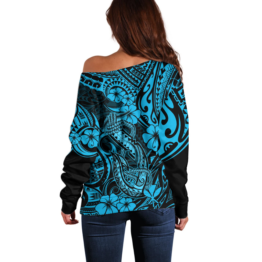 Hawaii Fish Hook Off Shoulder Sweater Hibiscus Hawaii Tribal Tattoo Sky Blue Version LT01 - Polynesian Pride