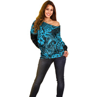 Hawaii Fish Hook Off Shoulder Sweater Hibiscus Hawaii Tribal Tattoo Sky Blue Version LT01 - Polynesian Pride