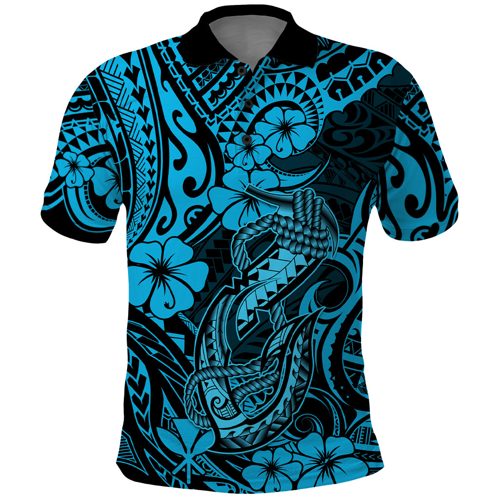 Hawaii Fish Hook Polo Shirt Hibiscus Hawaii Tribal Tattoo Sky Blue Version LT01 Blue - Polynesian Pride