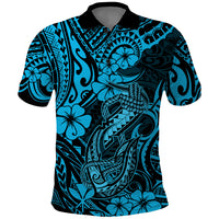 Hawaii Fish Hook Polo Shirt Hibiscus Hawaii Tribal Tattoo Sky Blue Version LT01 Blue - Polynesian Pride