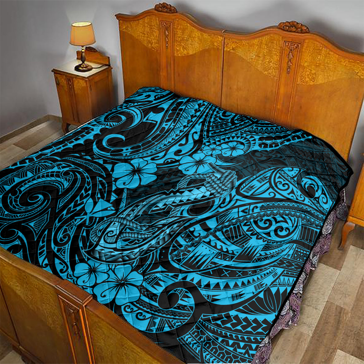 Hawaii Fish Hook Quilt Hibiscus Hawaii Tribal Tattoo Sky Blue Version LT01 - Polynesian Pride