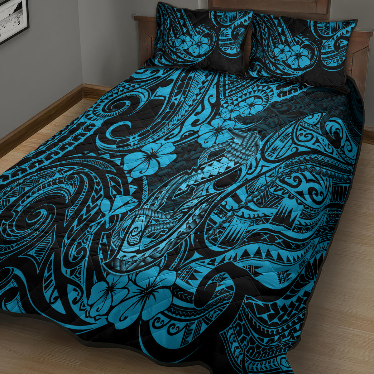 Hawaii Fish Hook Quilt Bed Set Hibiscus Hawaii Tribal Tattoo Sky Blue Version LT01 - Polynesian Pride