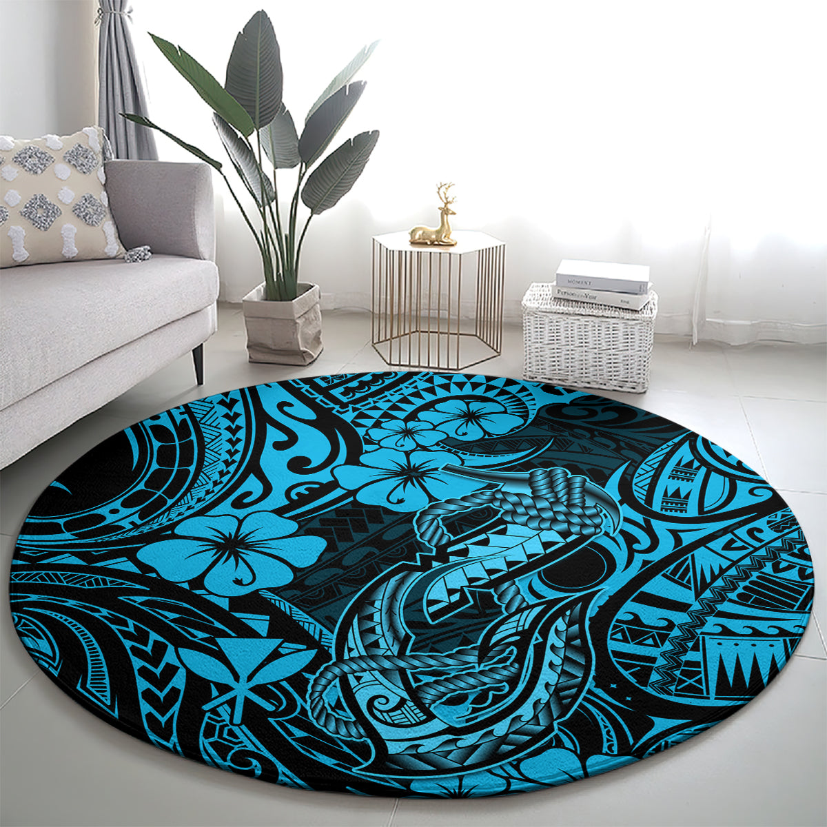 Hawaii Fish Hook Round Carpet Hibiscus Hawaii Tribal Tattoo Sky Blue Version LT01 - Polynesian Pride