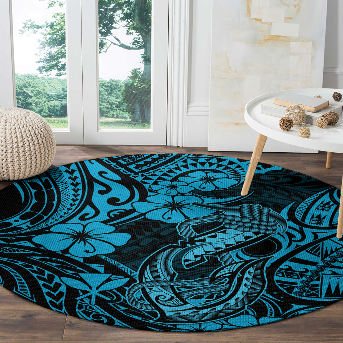 Hawaii Fish Hook Round Carpet Hibiscus Hawaii Tribal Tattoo Sky Blue Version LT01 - Polynesian Pride