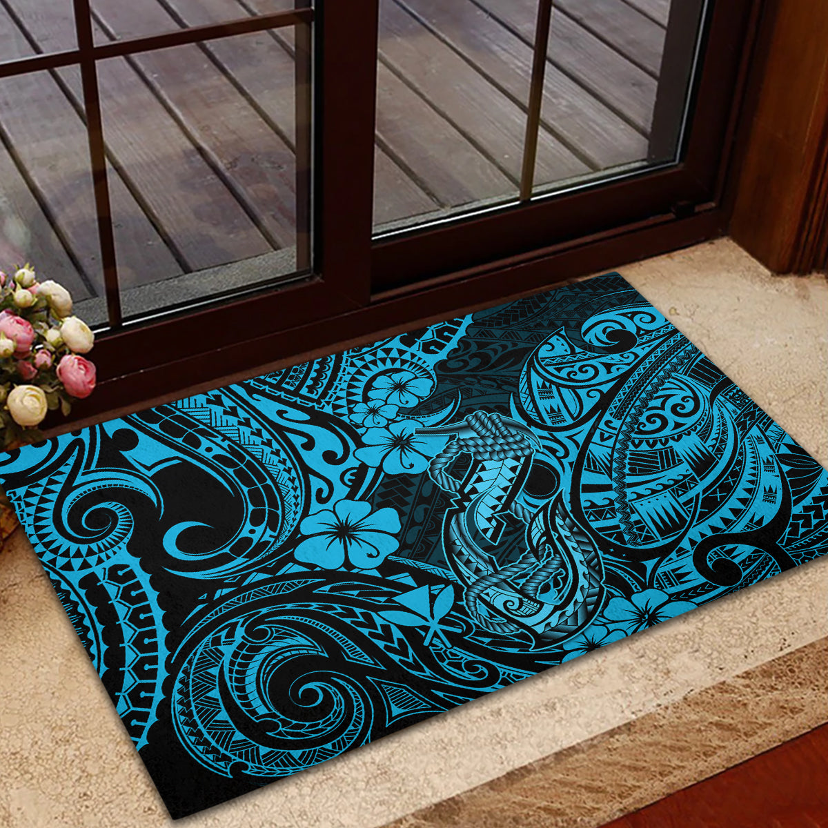 Hawaii Fish Hook Rubber Doormat Hibiscus Hawaii Tribal Tattoo Sky Blue Version LT01 - Polynesian Pride