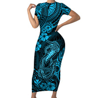 Hawaii Fish Hook Short Sleeve Bodycon Dress Hibiscus Hawaii Tribal Tattoo Sky Blue Version LT01 Long Dress Blue - Polynesian Pride
