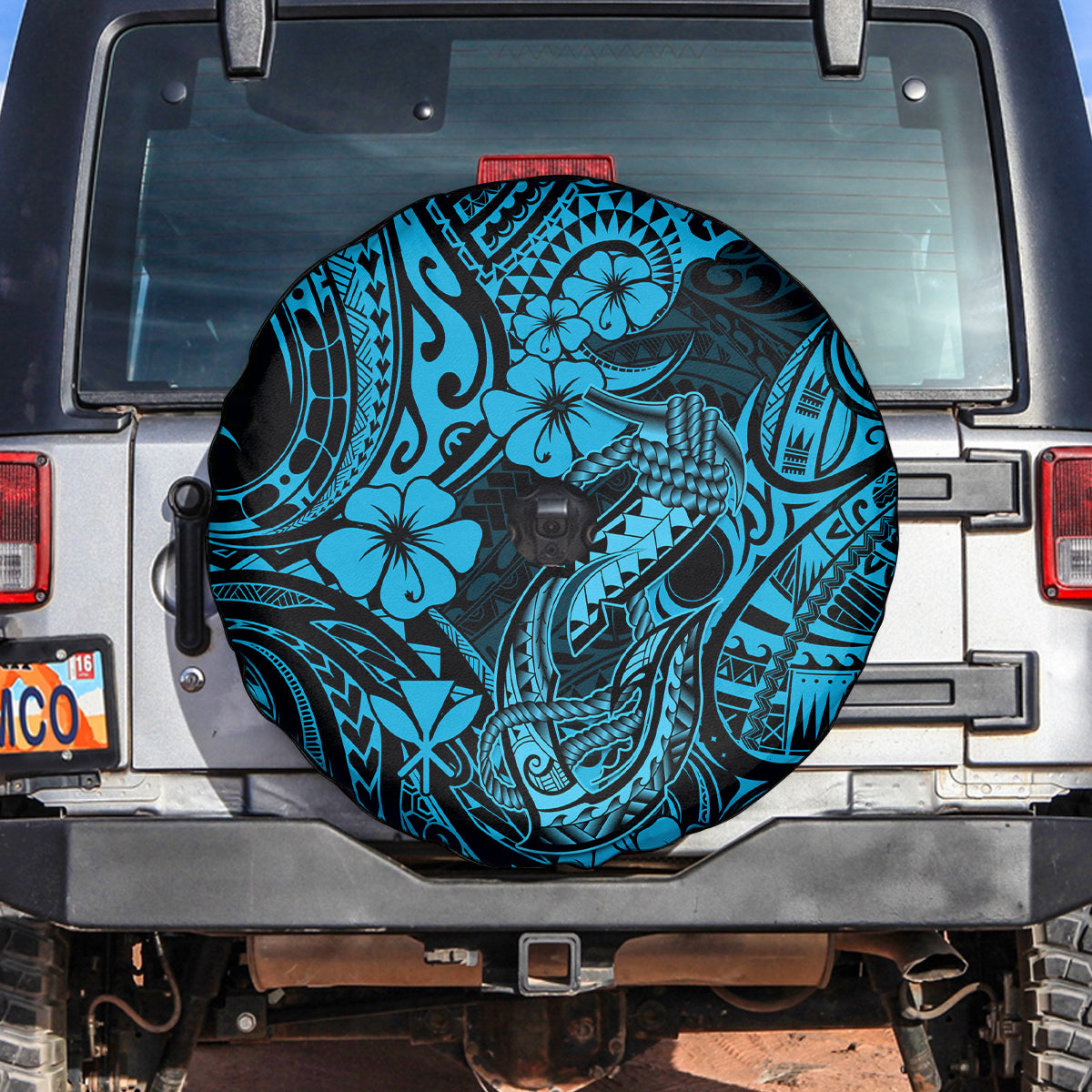 Hawaii Fish Hook Spare Tire Cover Hibiscus Hawaii Tribal Tattoo Sky Blue Version LT01 - Polynesian Pride