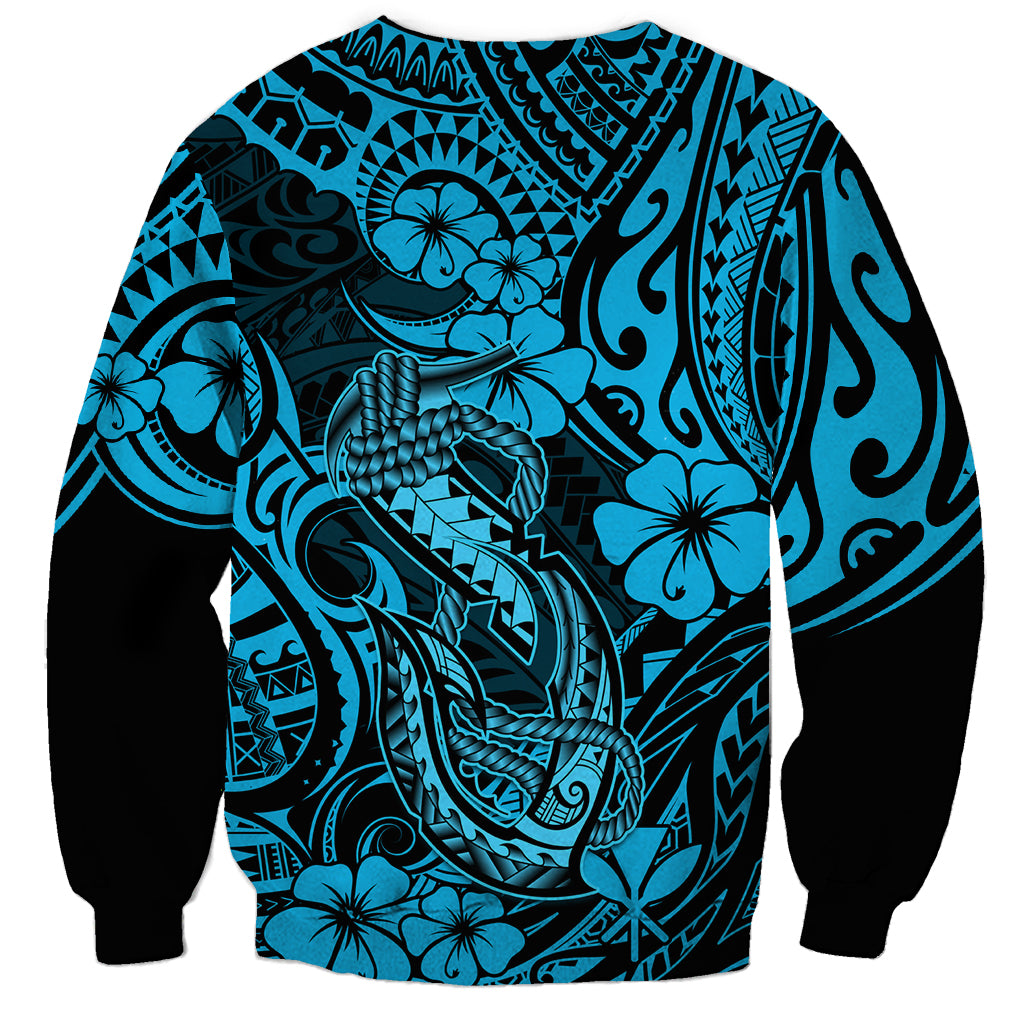 Hawaii Fish Hook Sweatshirt Hibiscus Hawaii Tribal Tattoo Sky Blue Version LT01 - Polynesian Pride