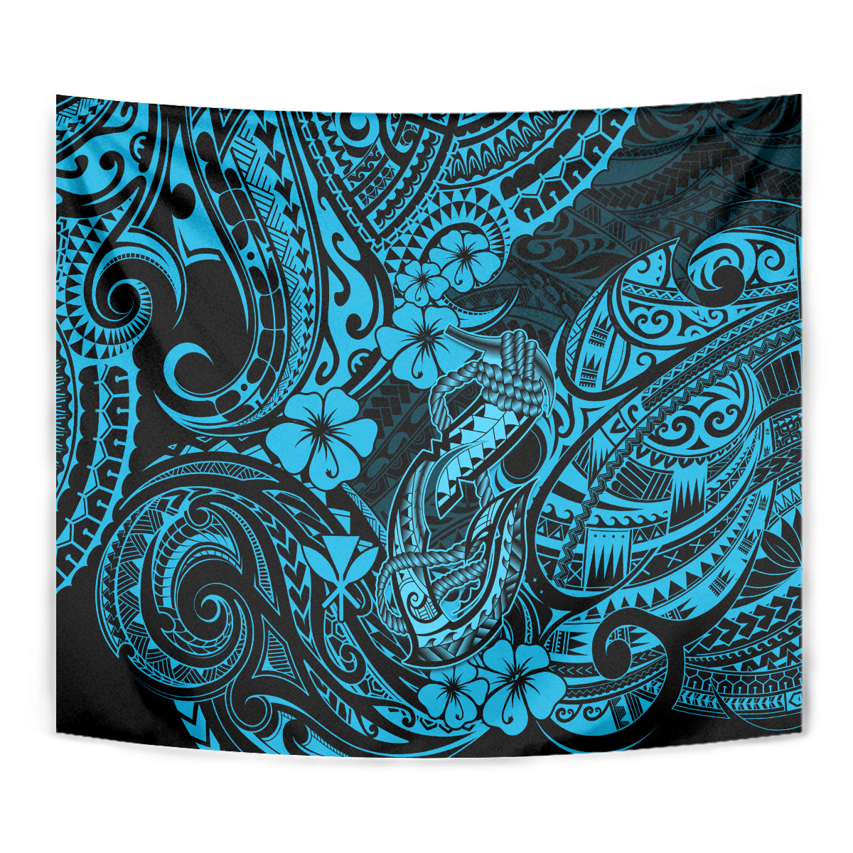 Hawaii Fish Hook Tapestry Hibiscus Hawaii Tribal Tattoo Sky Blue Version LT01 - Polynesian Pride