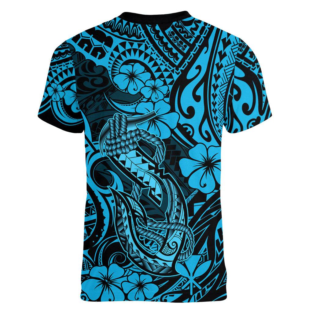 Hawaii Fish Hook Women V Neck T Shirt Hibiscus Hawaii Tribal Tattoo Sky Blue Version LT01 - Polynesian Pride