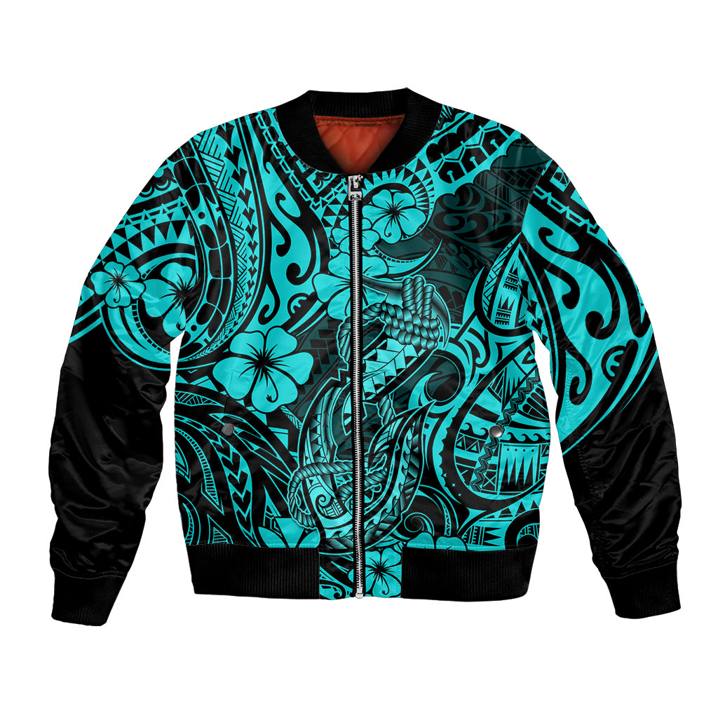 Hawaii Fish Hook Bomber Jacket Hibiscus Hawaii Tribal Tattoo Turquoise Version LT01 Unisex Turquoise - Polynesian Pride