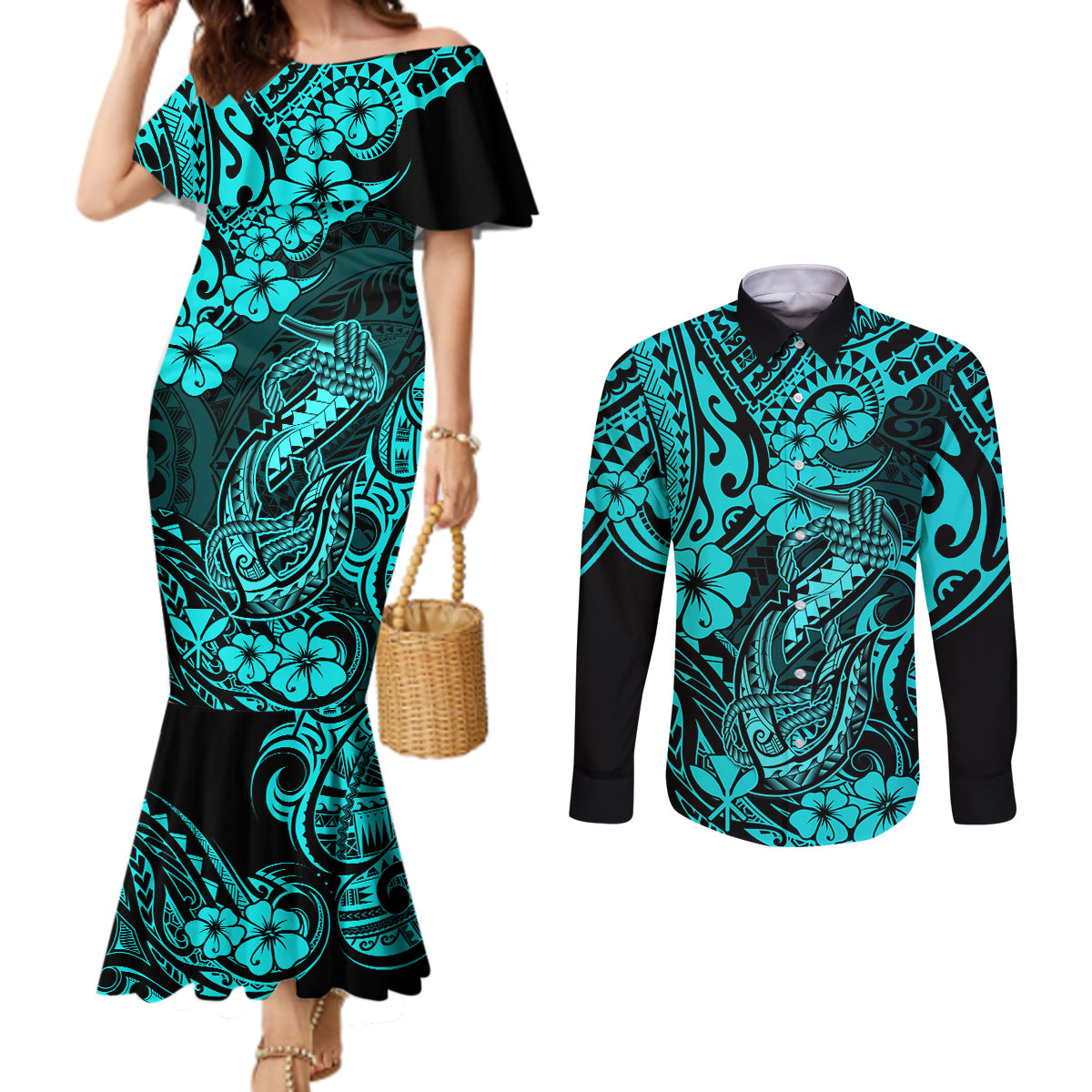 Hawaii Fish Hook Couples Matching Mermaid Dress and Long Sleeve Button Shirts Hibiscus Hawaii Tribal Tattoo Turquoise Version LT01 Turquoise - Polynesian Pride