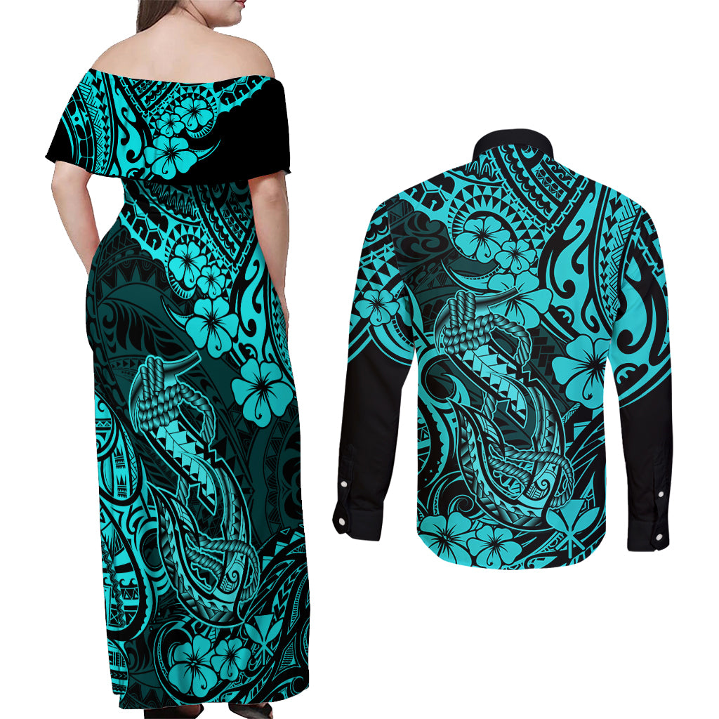 Hawaii Fish Hook Couples Matching Off Shoulder Maxi Dress and Long Sleeve Button Shirts Hibiscus Hawaii Tribal Tattoo Turquoise Version LT01 - Polynesian Pride