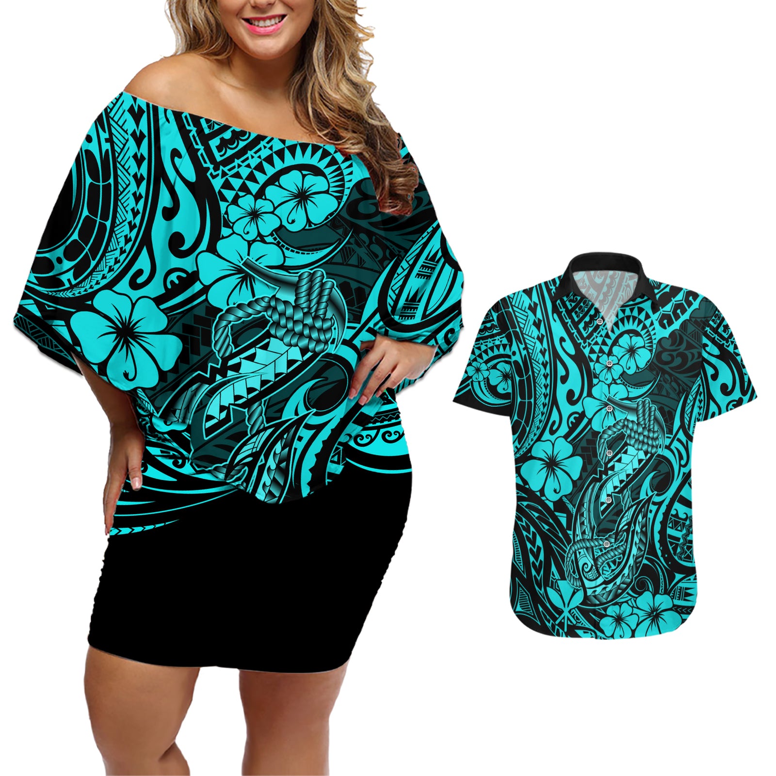 Hawaii Fish Hook Couples Matching Off Shoulder Short Dress and Hawaiian Shirt Hibiscus Hawaii Tribal Tattoo Turquoise Version LT01 Turquoise - Polynesian Pride