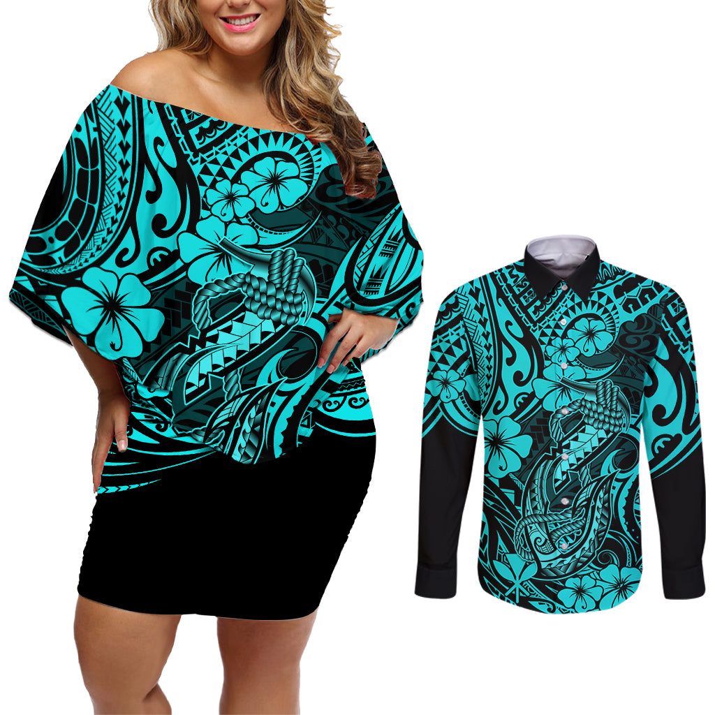 Hawaii Fish Hook Couples Matching Off Shoulder Short Dress and Long Sleeve Button Shirts Hibiscus Hawaii Tribal Tattoo Turquoise Version LT01 Turquoise - Polynesian Pride