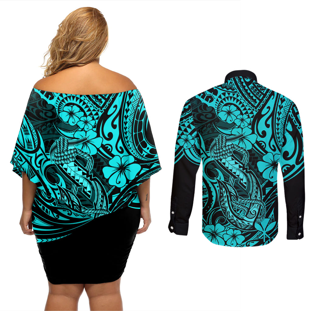 Hawaii Fish Hook Couples Matching Off Shoulder Short Dress and Long Sleeve Button Shirts Hibiscus Hawaii Tribal Tattoo Turquoise Version LT01 - Polynesian Pride